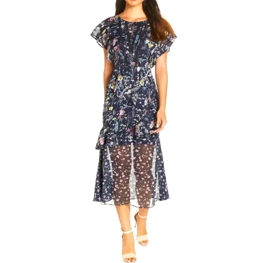 Anthropologie Foxiedox “Carolina” Navy Blue Floral Layered Semi-Sheer Midi (2) - Picture 1 of 16